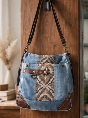 Myra Bag Azura Denim & Leather Crossbody Bag with Aztec Panel - Blue New Flaw
